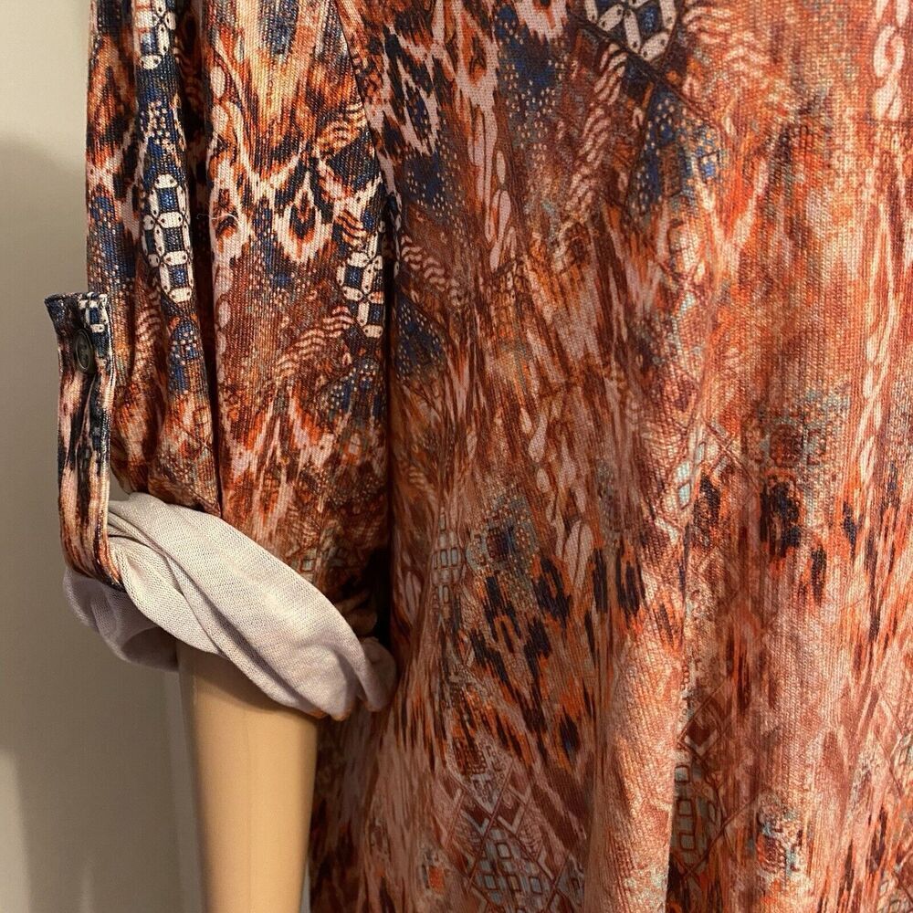 Song N Spirit Top Women Long Sleeve Flowy Tunic Blue Orange Aztec Stretch Sz XXL - Picture 9 of 9
